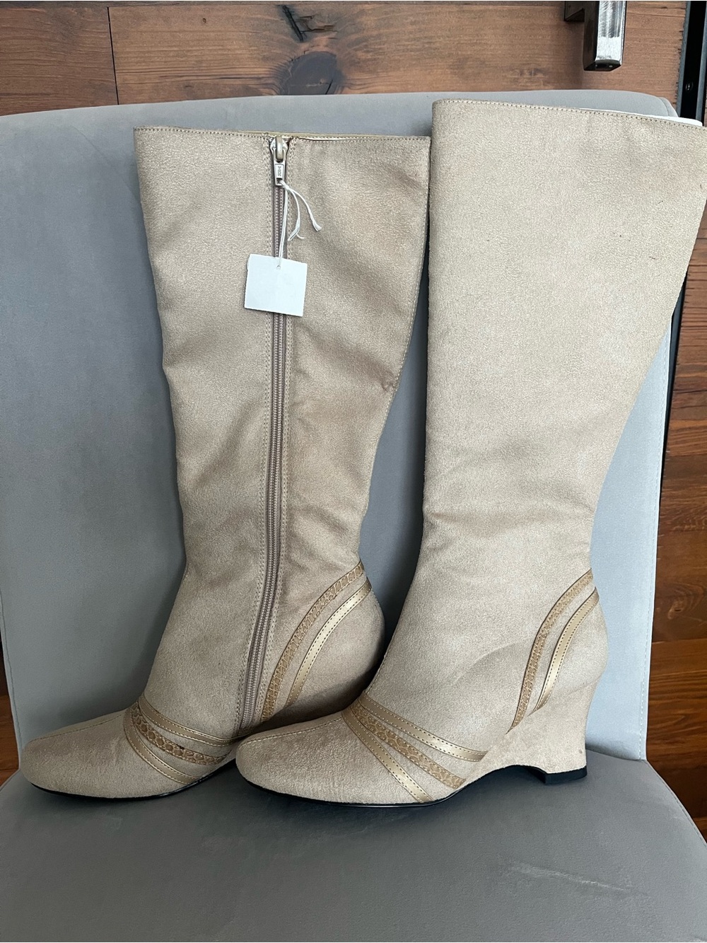 Predictions Beige/Tan Wedge Mid Faux Suede Boots
